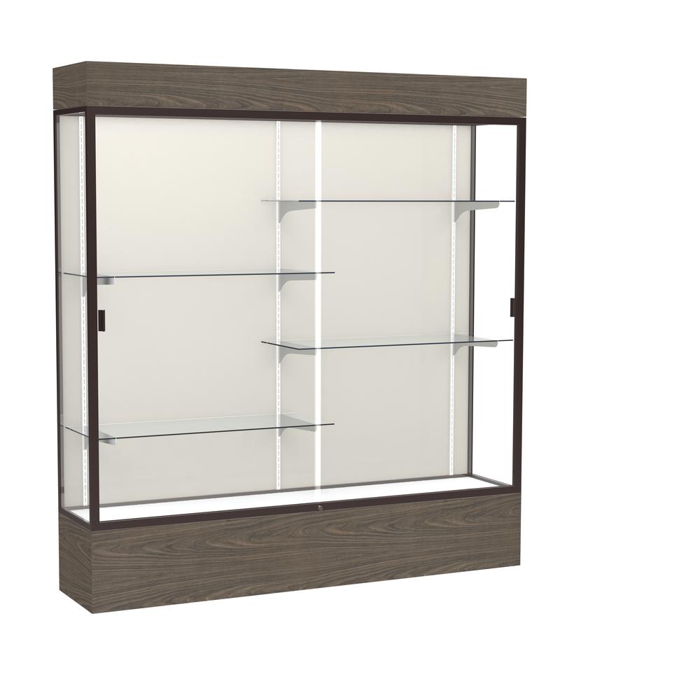 Reliant   72"W x 80"H x 16"D  Lighted Floor Case, Plaque Back, Dk. Bronze Finish,  Walnut Vinyl Base. Picture 1