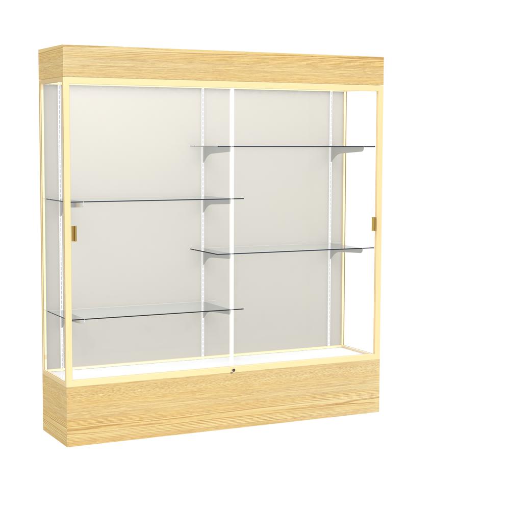 Reliant   72"W x 80"H x 16"D  Lighted Floor Case, Plaque Back, Champagne Finish,  Lt. Oak Vinyl Base. Picture 1