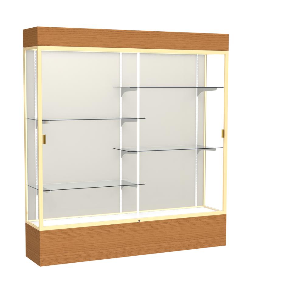 Reliant   72"W x 80"H x 16"D  Lighted Floor Case, Plaque Back, Champagne Finish,  Carmel Oak Base. Picture 1