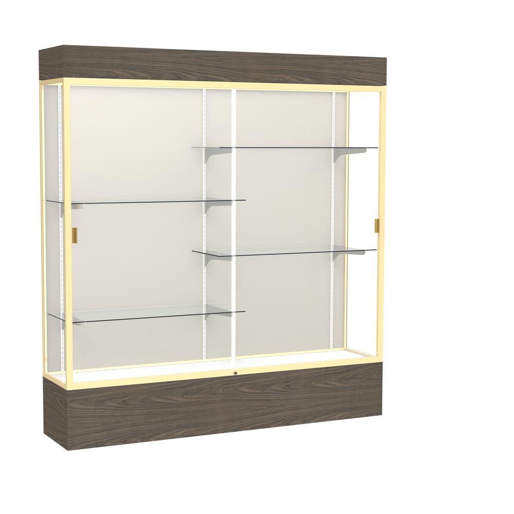 Reliant   72"W x 80"H x 16"D  Lighted Floor Case, Plaque Back, Champagne Finish,  Walnut Vinyl Base. Picture 1