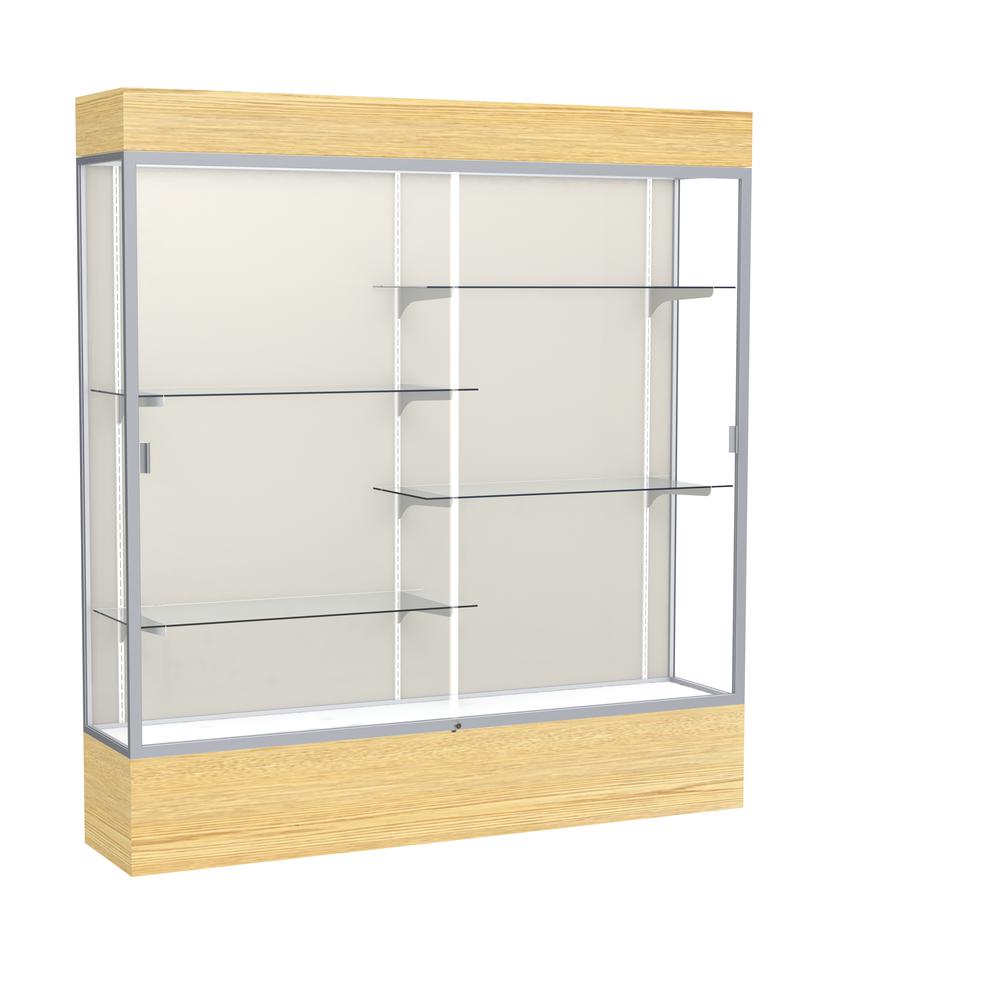 Reliant   72"W x 80"H x 16"D  Lighted Floor Case, Plaque Back, Satin Finish,  Lt. Oak Vinyl Base. Picture 1