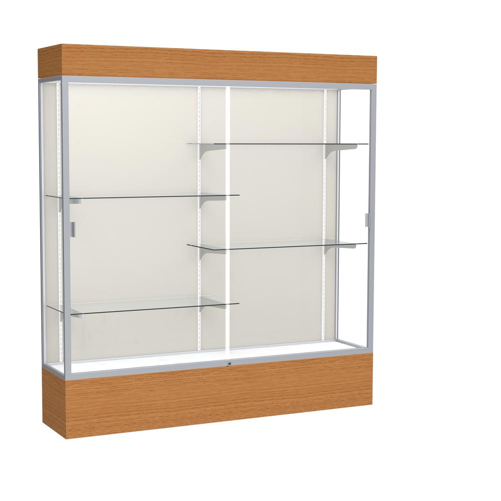 Reliant   72"W x 80"H x 16"D  Lighted Floor Case, Plaque Back, Satin Finish,  Carmel Oak Base. Picture 1