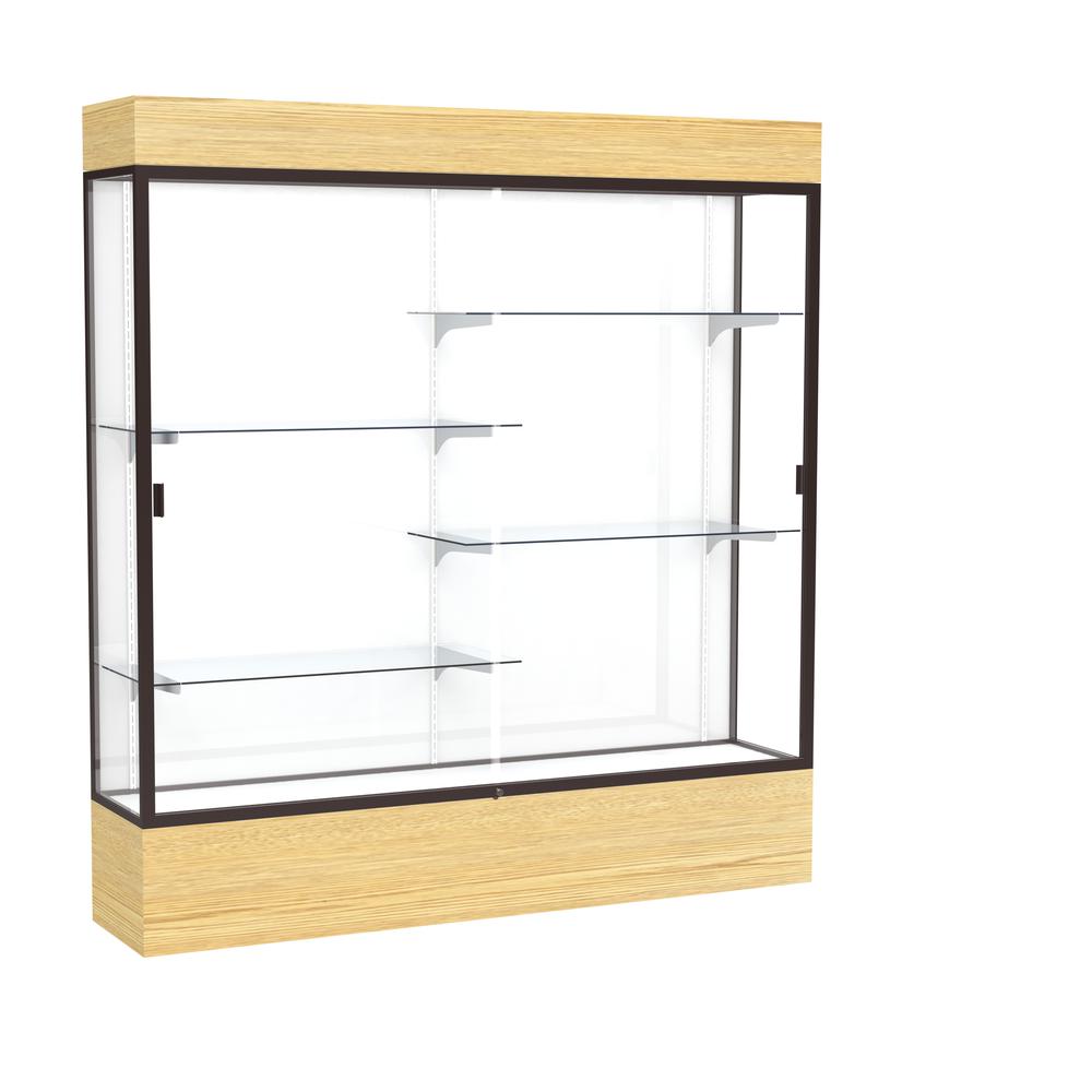 Reliant   72"W x 80"H x 16"D  Lighted Floor Case, White Back, Dk. Bronze Finish,  Lt. Oak Vinyl Base. Picture 1