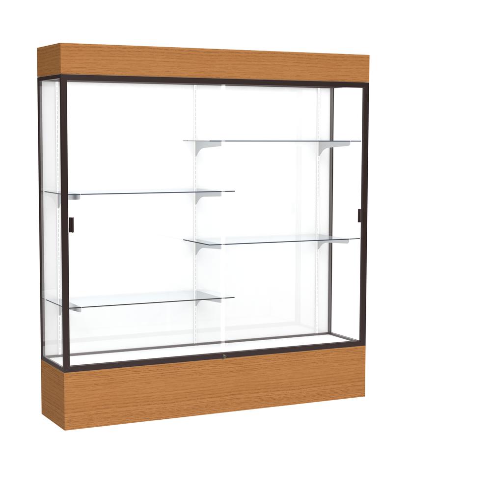 Reliant   72"W x 80"H x 16"D  Lighted Floor Case, White Back, Dk. Bronze Finish,  Carmel Oak Base. Picture 1