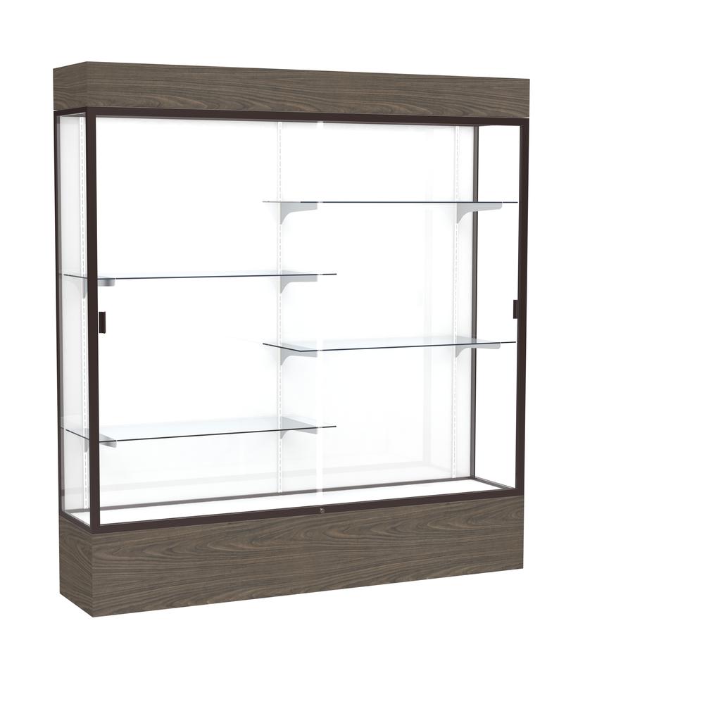 Reliant   72"W x 80"H x 16"D  Lighted Floor Case, White Back, Dk. Bronze Finish,  Walnut Vinyl Base. Picture 1