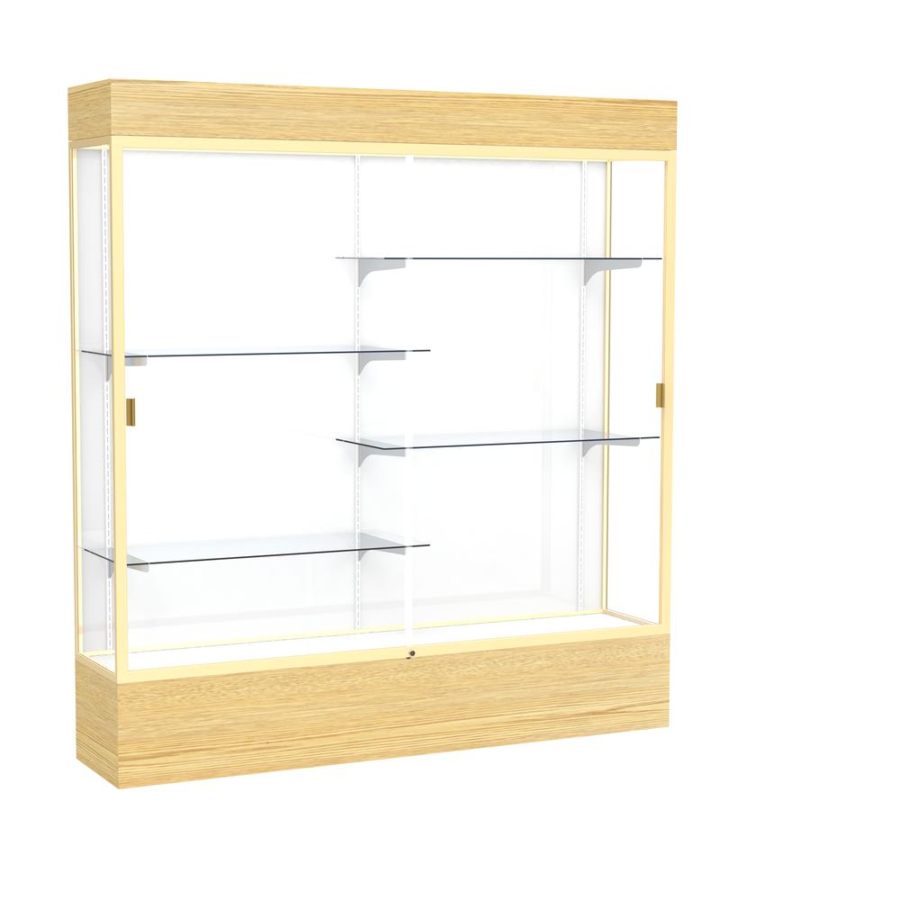 Reliant   72"W x 80"H x 16"D  Lighted Floor Case, White Back, Champagne Finish,  Lt. Oak Vinyl Base. Picture 1