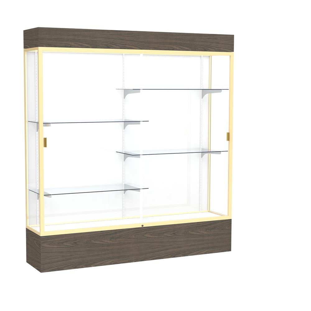 Reliant   72"W x 80"H x 16"D  Lighted Floor Case, White Back, Champagne Finish,  Walnut Vinyl Base. Picture 1