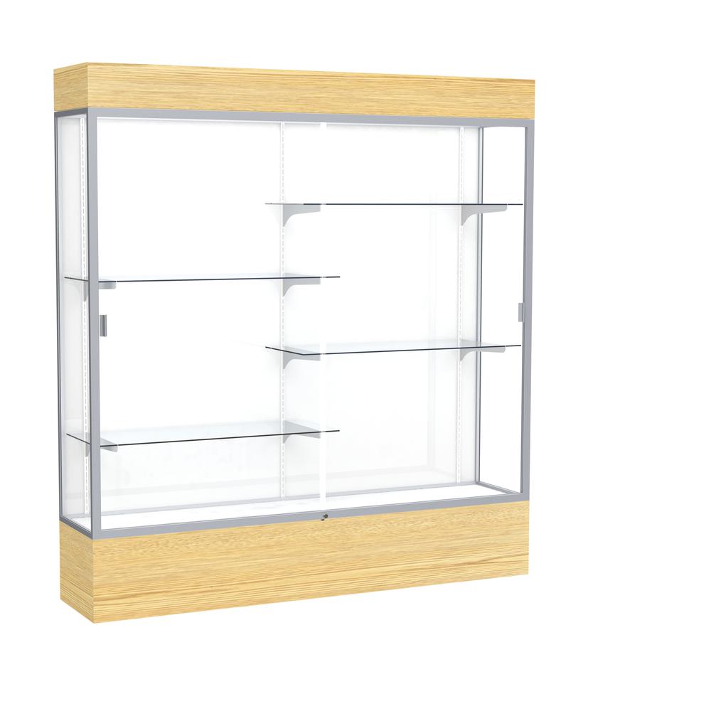 Reliant   72"W x 80"H x 16"D  Lighted Floor Case, White Back, Satin Finish,  Lt. Oak Vinyl Base. Picture 1