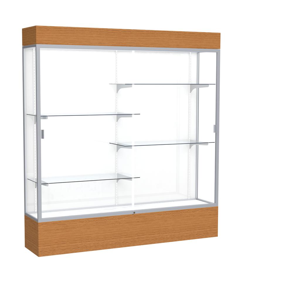 Reliant   72"W x 80"H x 16"D  Lighted Floor Case, White Back, Satin Finish,  Carmel Oak Base. Picture 1