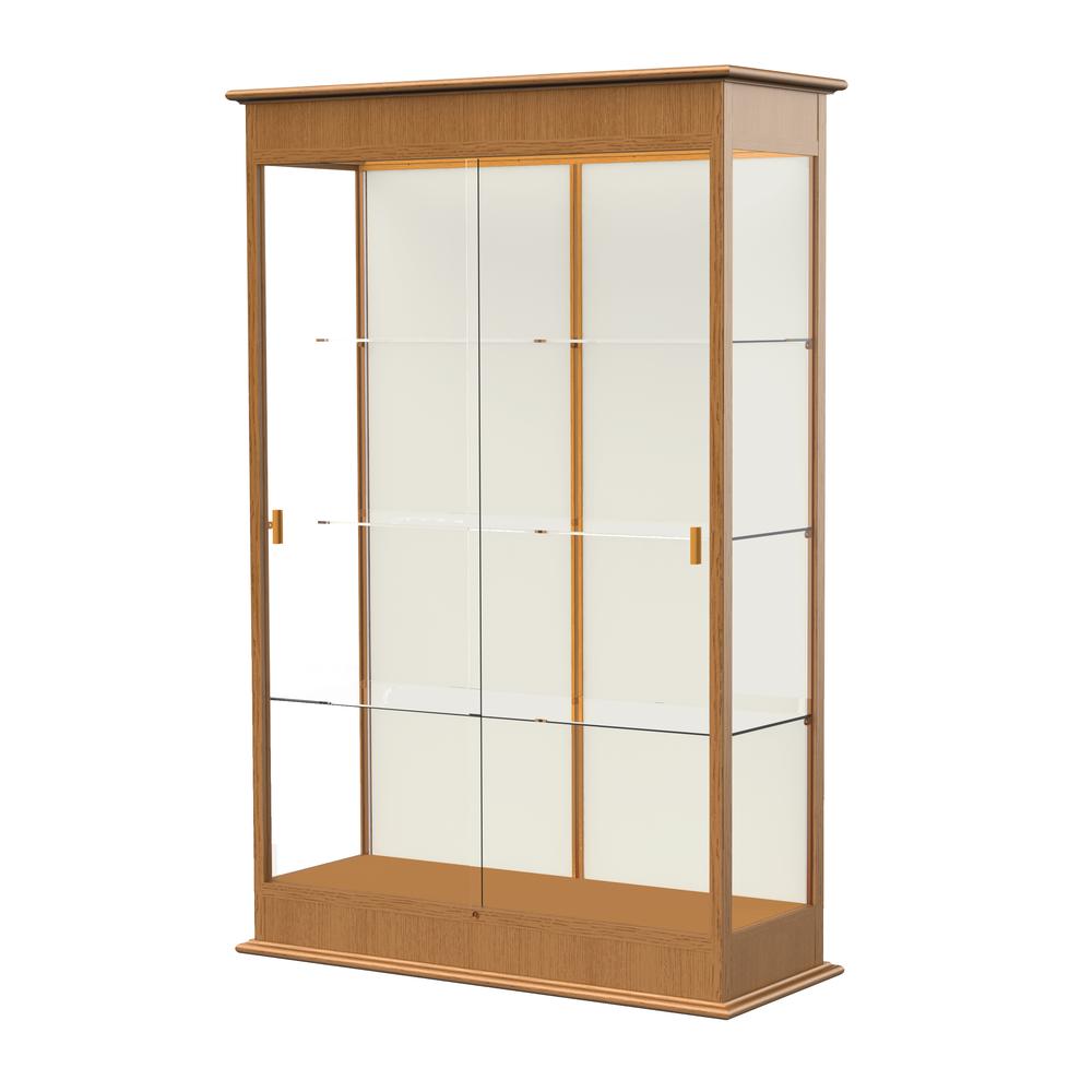 Varsity  48"W x 77"H x 18"D  Lighted Floor Case, Sliding Doors, Plaque Back, Carmel Oak Finish. Picture 1