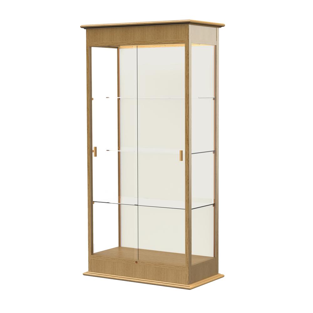 Varsity  36"W x 77"H x 18"D  Lighted Floor Case, Sliding Doors, Plaque Back, Carmel Oak Finish. Picture 1
