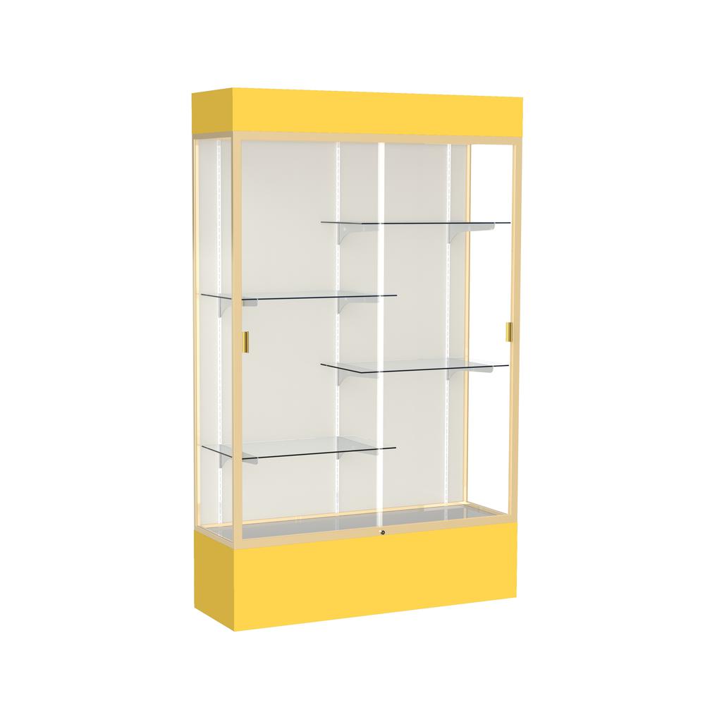 Spirit  48"W x 80"H x 16"D  Lighted Floor Case, Plaque Back, Champagne Finish, Goldenrod Base and Top. Picture 1