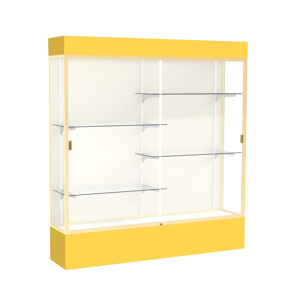 Spirit  72"W x 80"H x 16"D  Lighted Floor Case, Plaque Back, Champagne Finish, Goldenrod Base and Top. Picture 1
