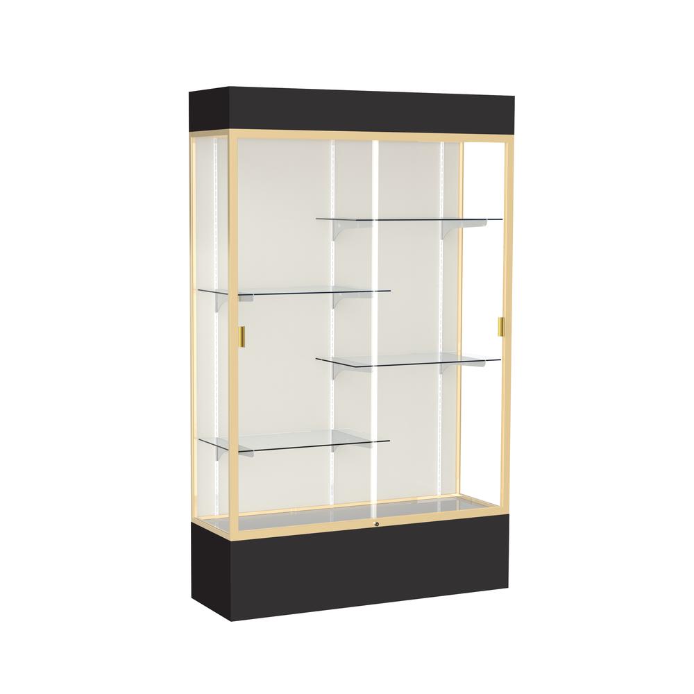 Spirit  48"W x 80"H x 16"D  Lighted Floor Case, Plaque Back, Champagne Finish, Black Base and Top. Picture 1