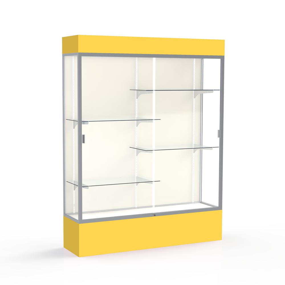 Spirit  60"W x 80"H x 16"D  Lighted Floor Case, Plaque Back, Satin Finish, Goldenrod Base and Top. Picture 1