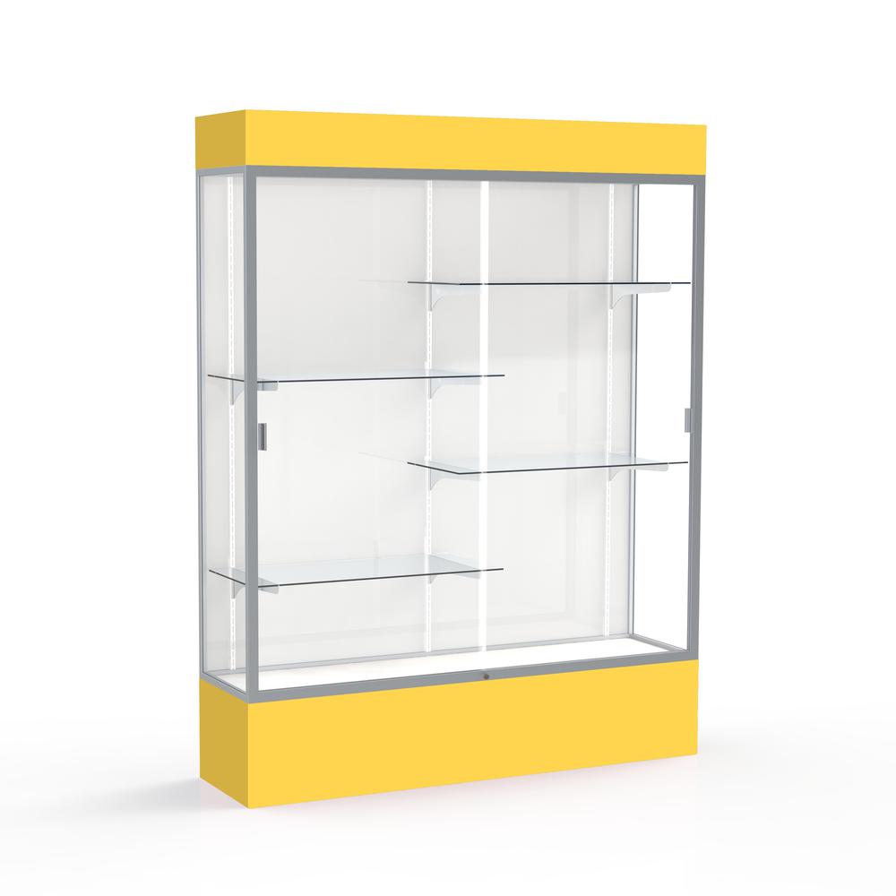 Spirit  60"W x 80"H x 16"D  Lighted Floor Case, White Back, Satin Finish, Goldenrod Base and Top. Picture 1
