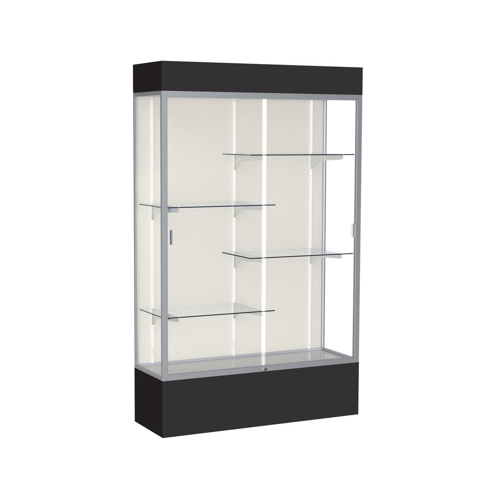 Spirit  48"W x 80"H x 16"D  Lighted Floor Case, Plaque Back, Satin Finish, Black Base and Top. Picture 1