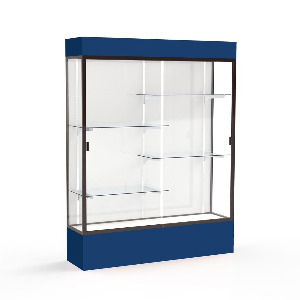 Spirit  60"W x 80"H x 16"D  Lighted Floor Case, White Back, Dk. Bronze Finish, Navy Base and Top. Picture 1