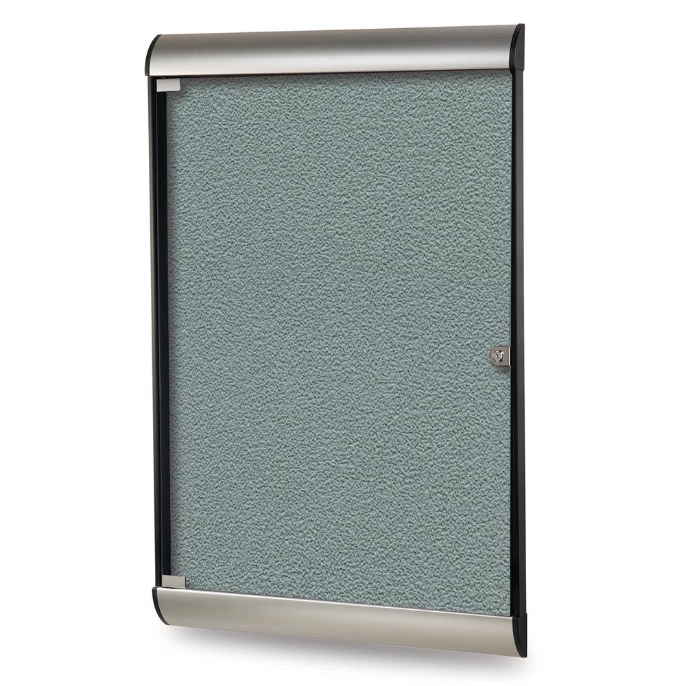 42⅛"x27¾" 1-Dr Silhouette Encl Bulletin Bd, Satin/Blk Fr, Vinyl Fabric Stone. Picture 1