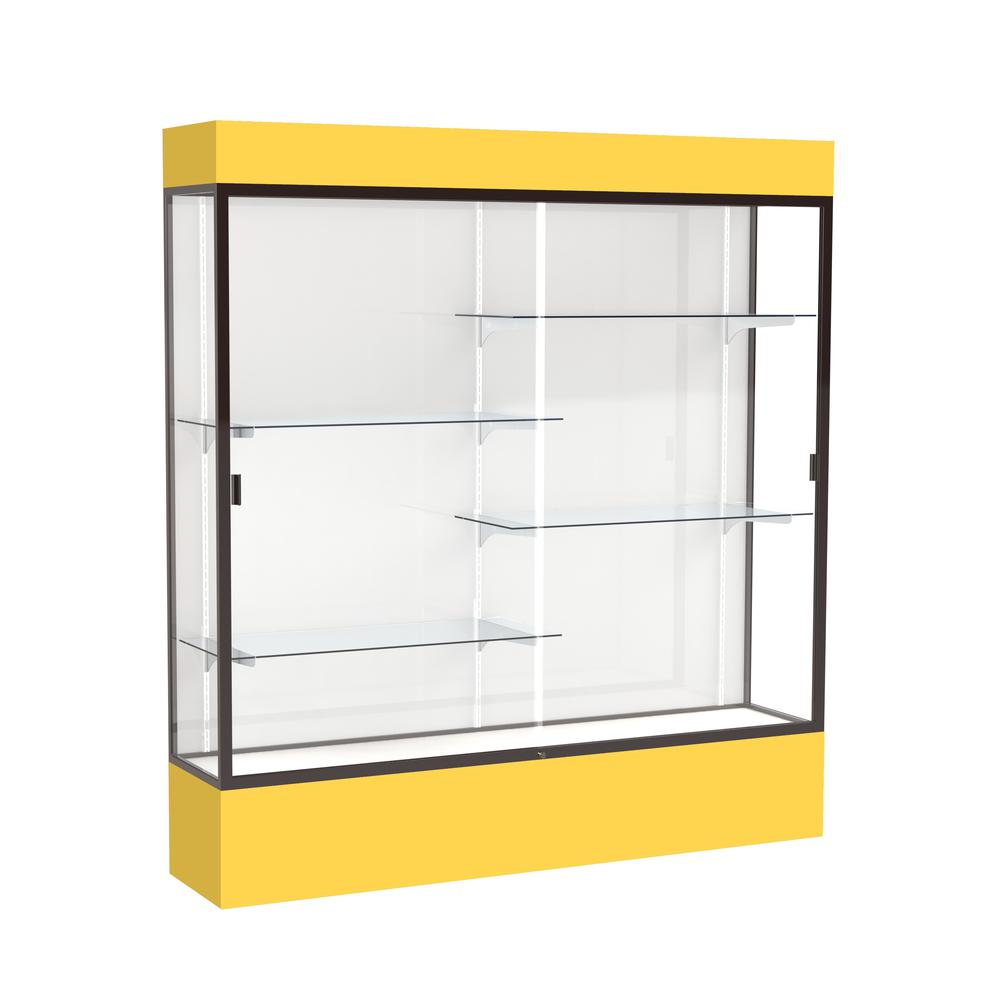 Spirit  72"W x 80"H x 16"D  Lighted Floor Case, White Back, Dk. Bronze Finish, Goldenrod Base and Top. Picture 1