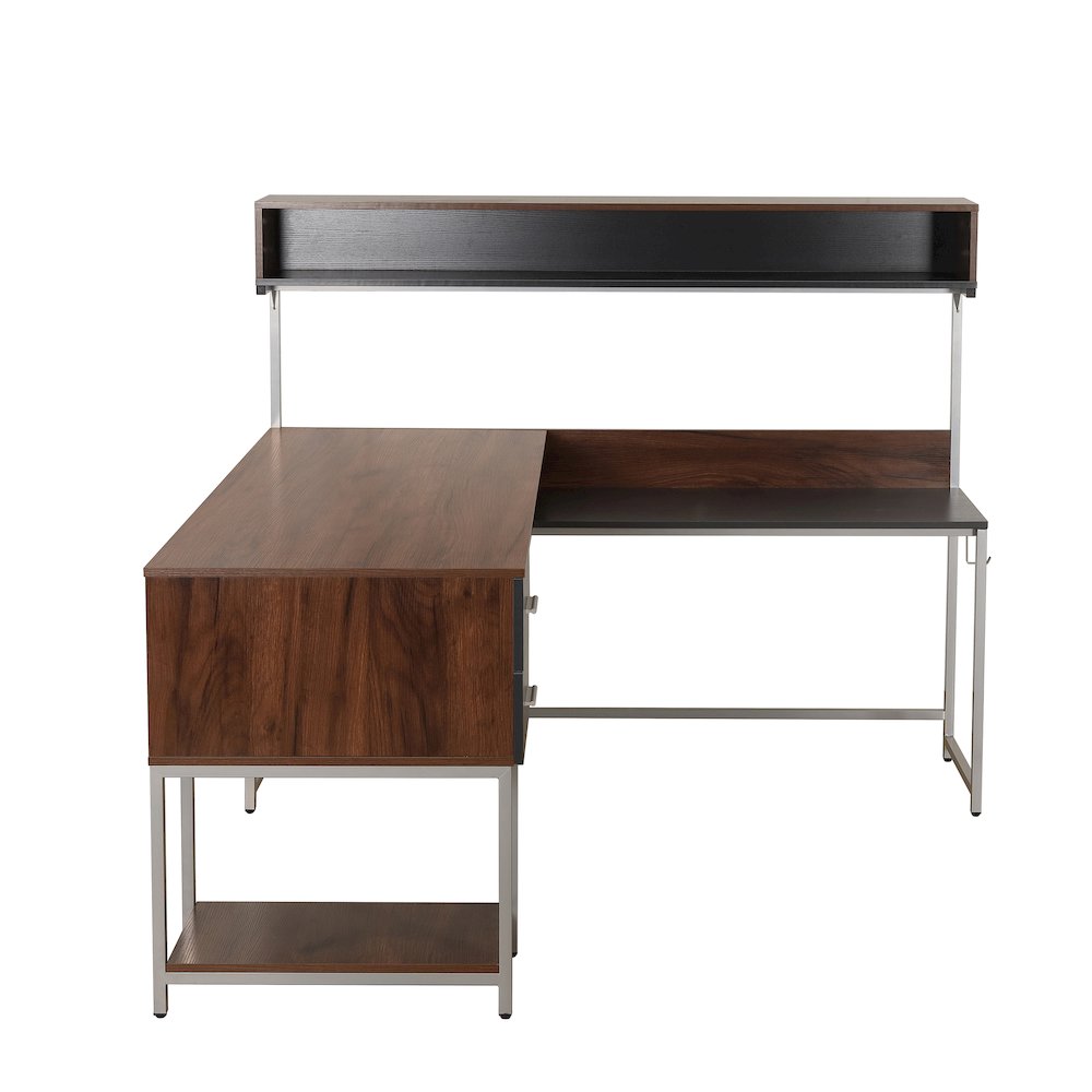 Techni Mobili L-Shape Desk with Hutch and Storage, Walnut. Picture 5