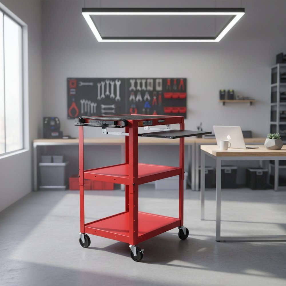Adjustable-Height Three-Shelf Media Utility Cart - Pullout Keyboard Tray, Red. Picture 5