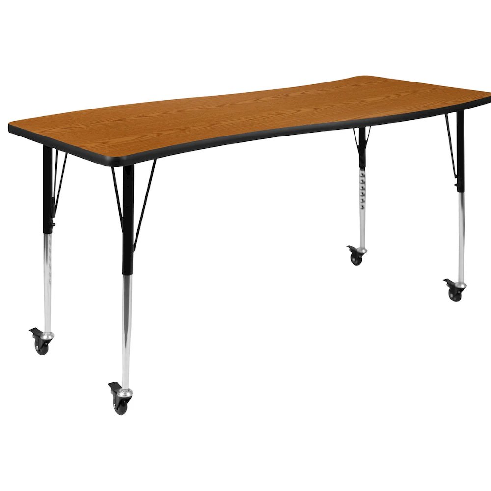 Mobile 26"W x 60"L Rectangular Wave Flexible Collaborative Oak Thermal Laminate Activity Table - Standard Height Adjustable Legs. Picture 1