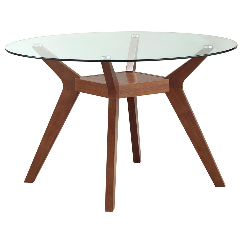 Sophisticated Round Dining Table with Clear Glass Top and Nutmeg Wood Base. Picture 1