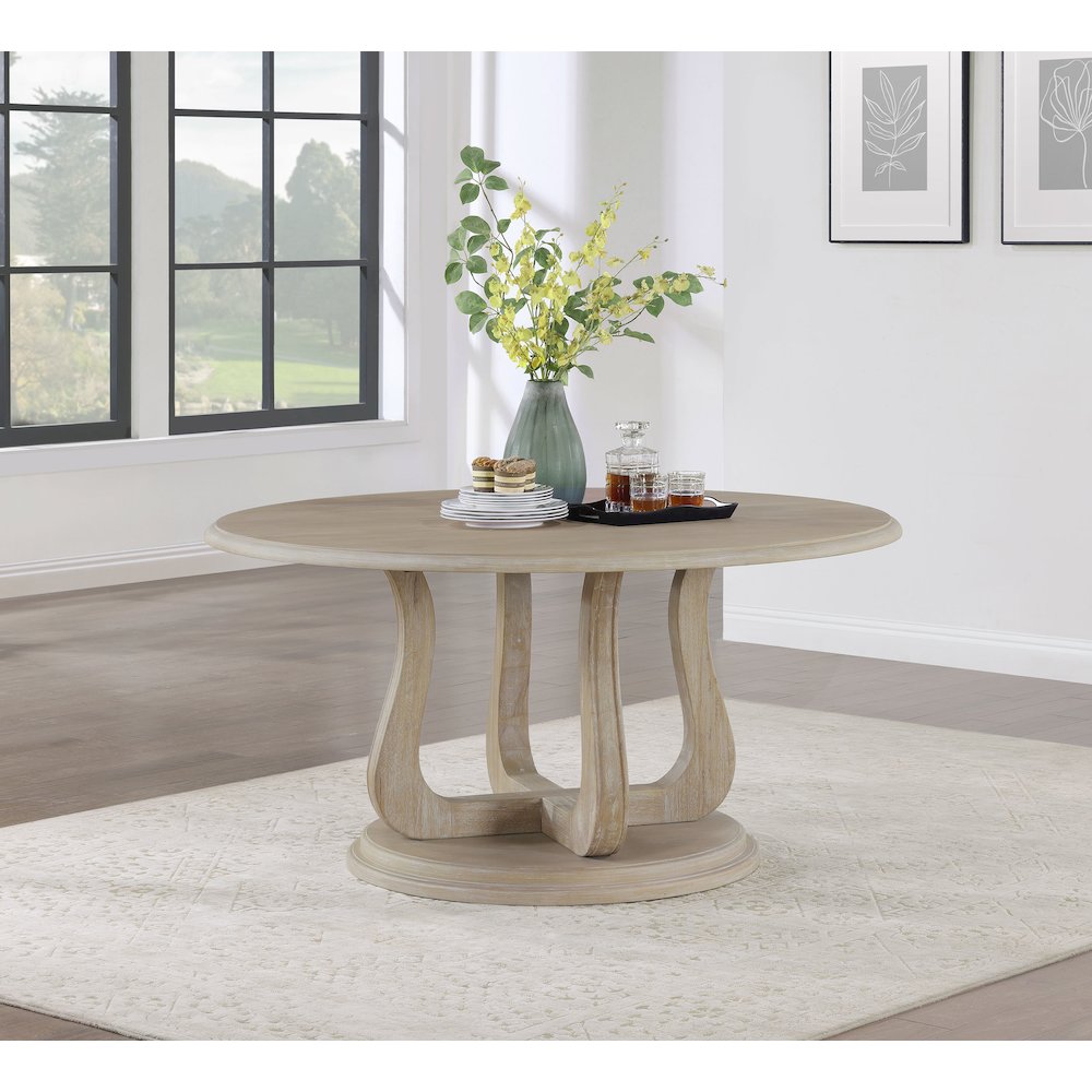 Trofello Round 60-inch Pedestal Dining Table White Washed. Picture 4