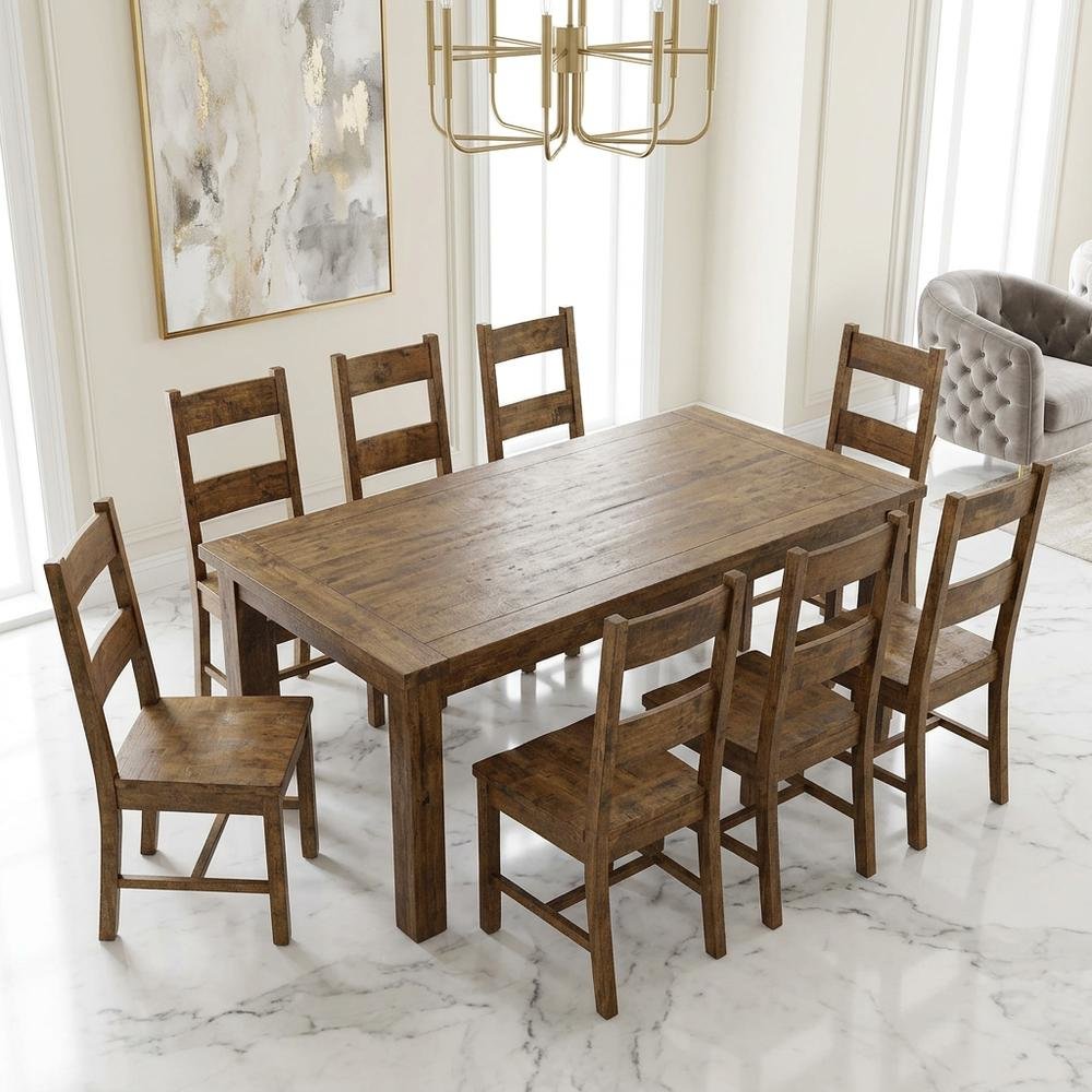 Rustic Golden Brown Dining Set with Rectangular Table and Comfortable Chairs. Picture 2