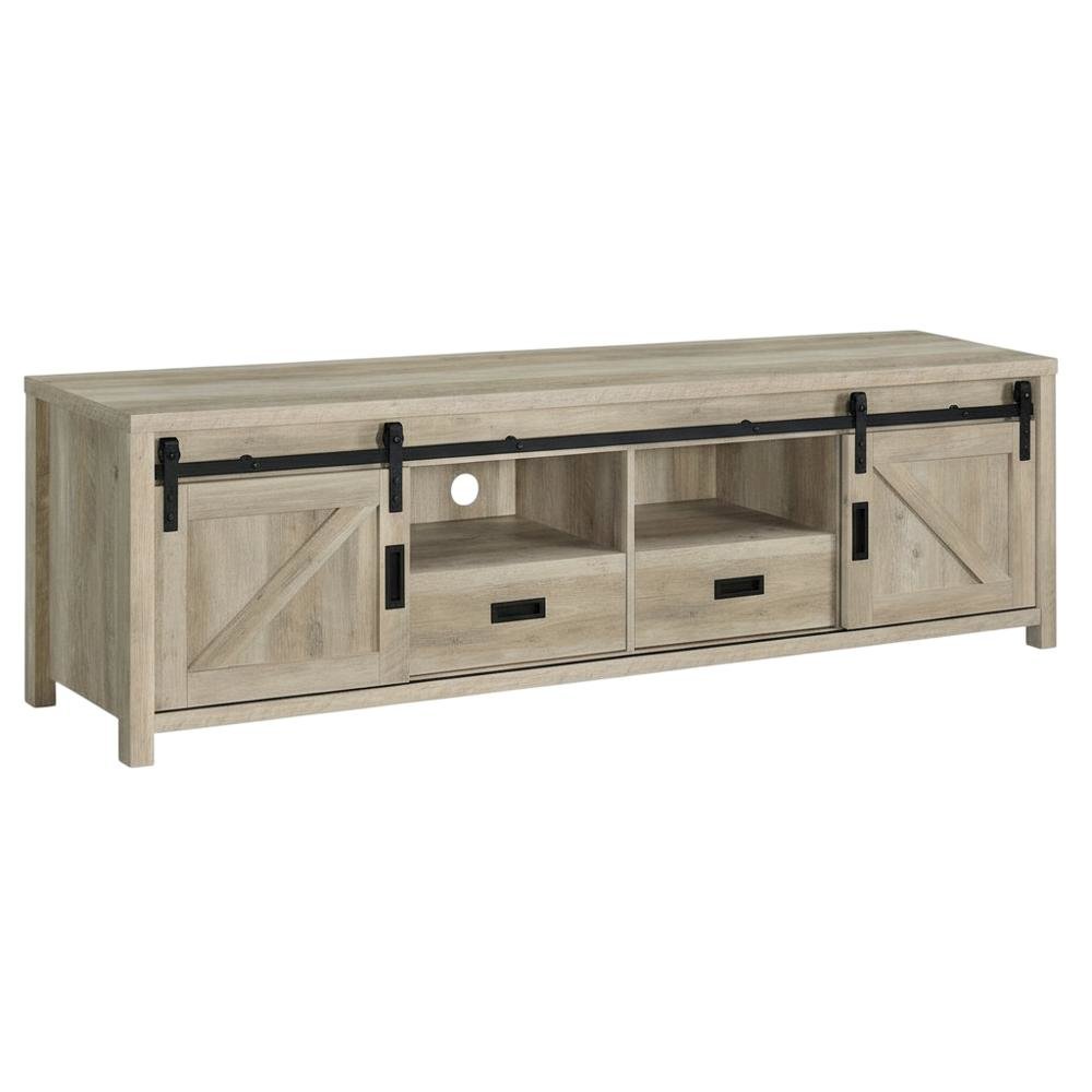 Brown Wood 2-Door TV Stand with Farmhouse Design and Distressed Finish. Picture 4