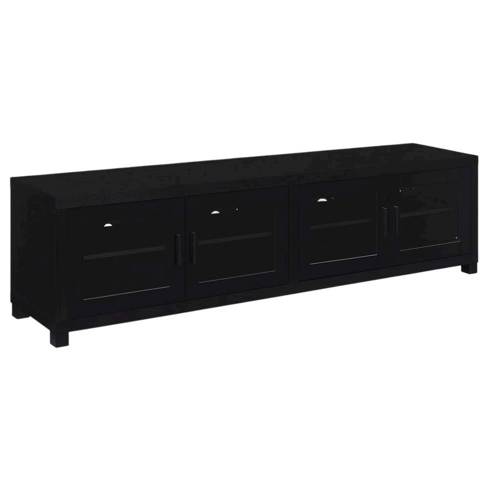 Black engineered wood TV stand, 4 doors, modern design,, durable materials. Picture 1