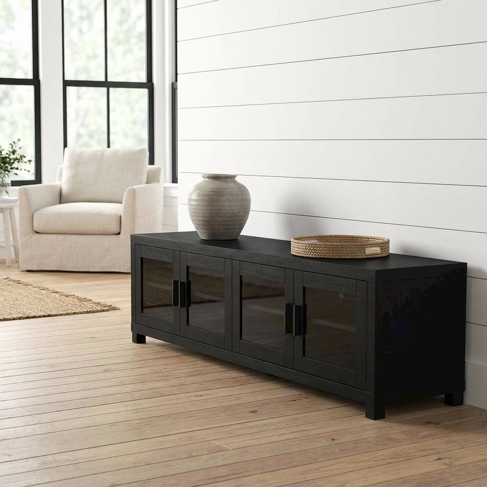 Black engineered wood TV stand, 4 doors, modern design,, durable materials. Picture 2
