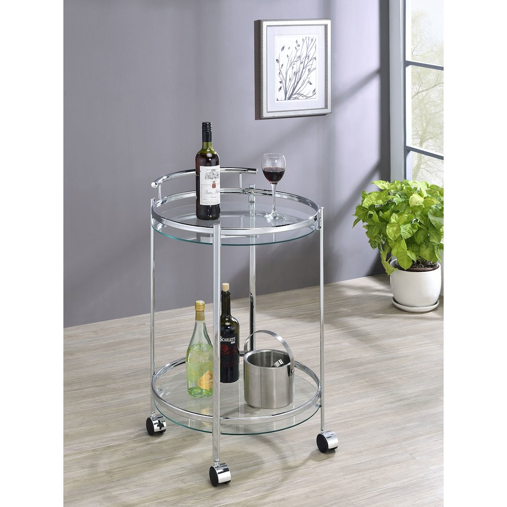 Chrissy Round Glass Shelf Metal Bar Cart Chrome. Picture 10