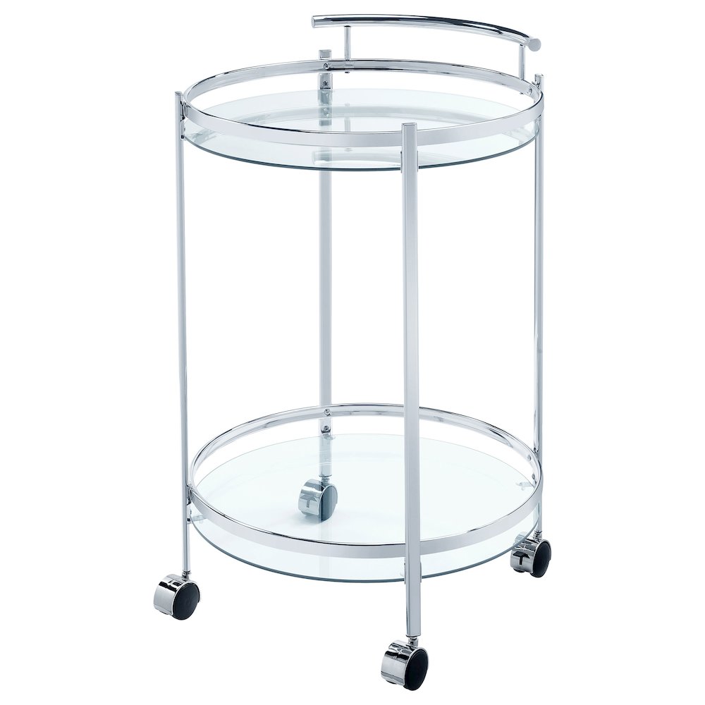 Chrissy Round Glass Shelf Metal Bar Cart Chrome. Picture 4