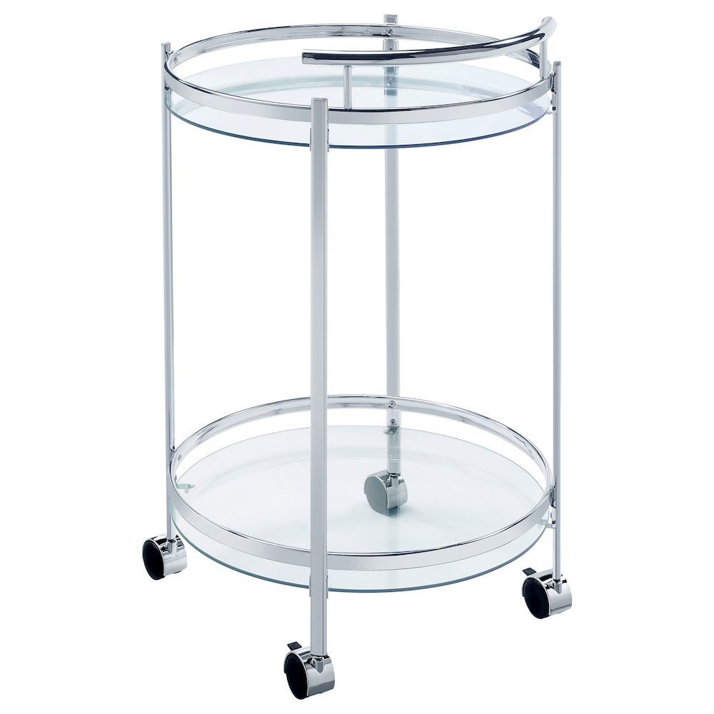 Chrissy Round Glass Shelf Metal Bar Cart Chrome. Picture 6