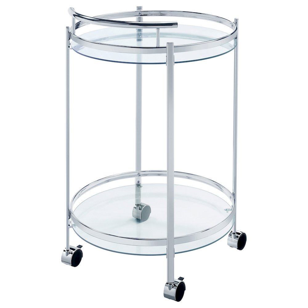 Chrissy Round Glass Shelf Metal Bar Cart Chrome. Picture 8