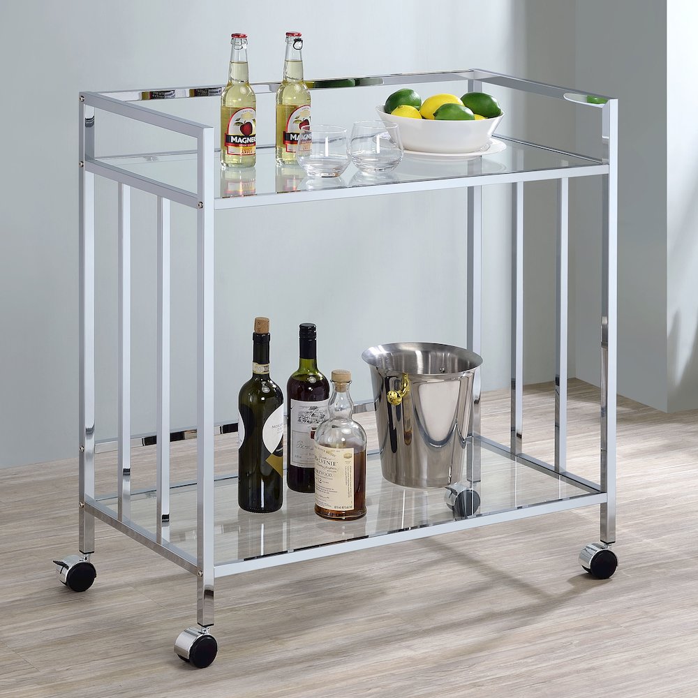 Cara 2-tier Rectangular Glass Shelf Metal Bar Cart Chrome. Picture 8