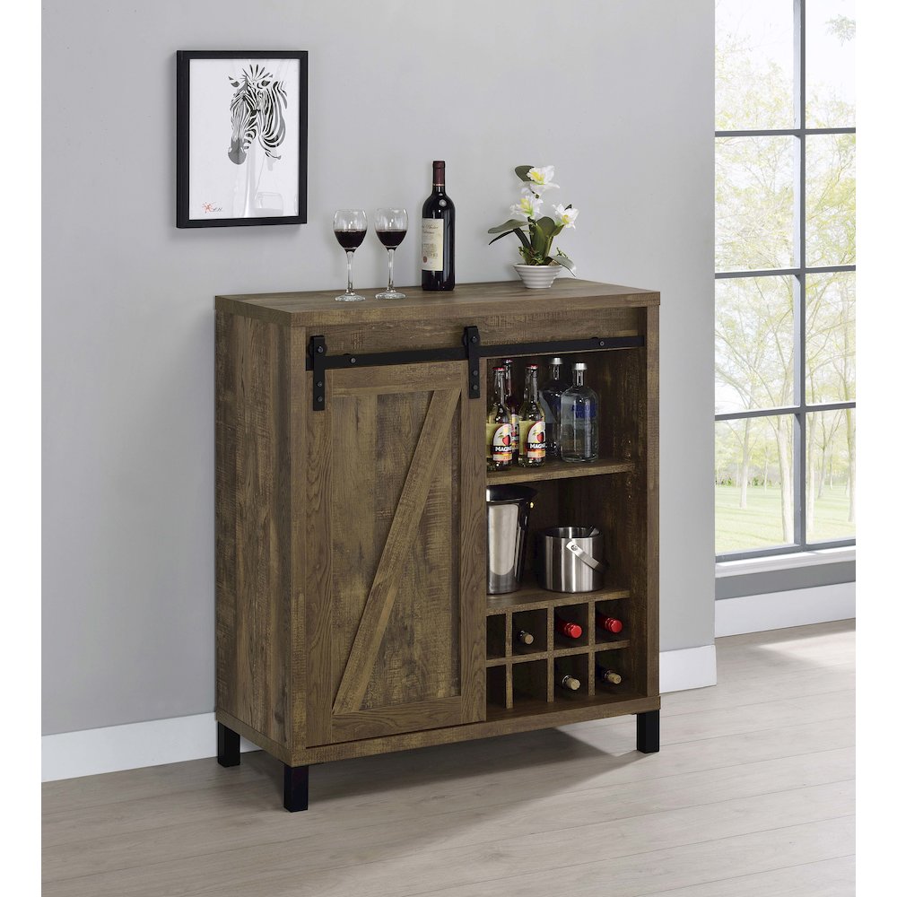 Arlington Sliding Door Home Bar Wine Cabinet Rustic Oak. Picture 7
