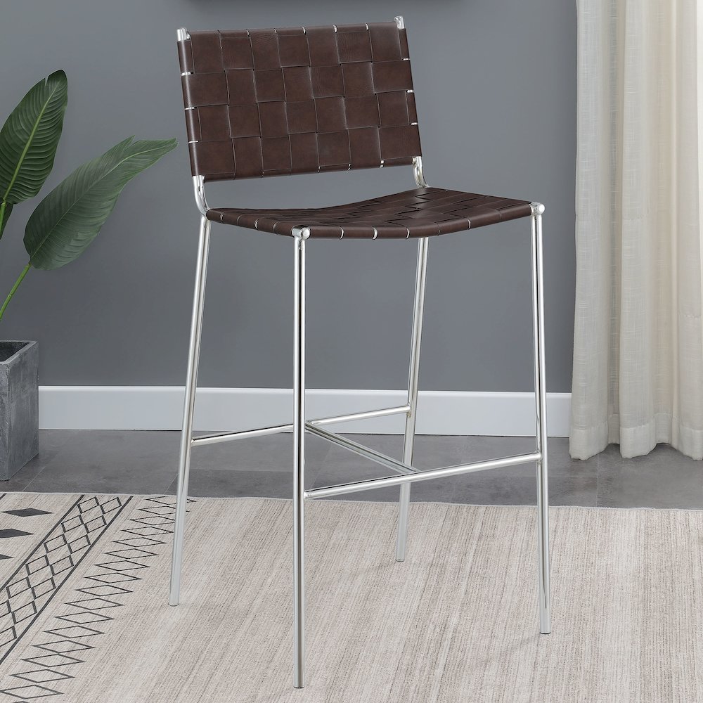 Adelaide Upholstered Pub Height Bar Stool Brown and Chrome. Picture 9