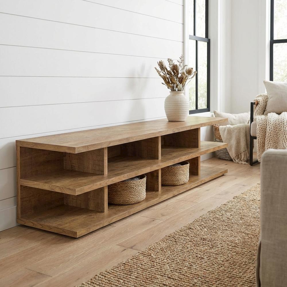 Green 78-Inch TV Stand, 2-Tier Storage, Farmhouse Design in Engineered Wood. Picture 2