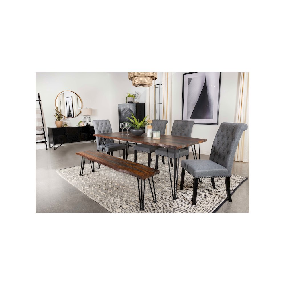 Neve Live Edge Wood Dining Bench Hairpin Legs Grey Sheesham. Picture 8