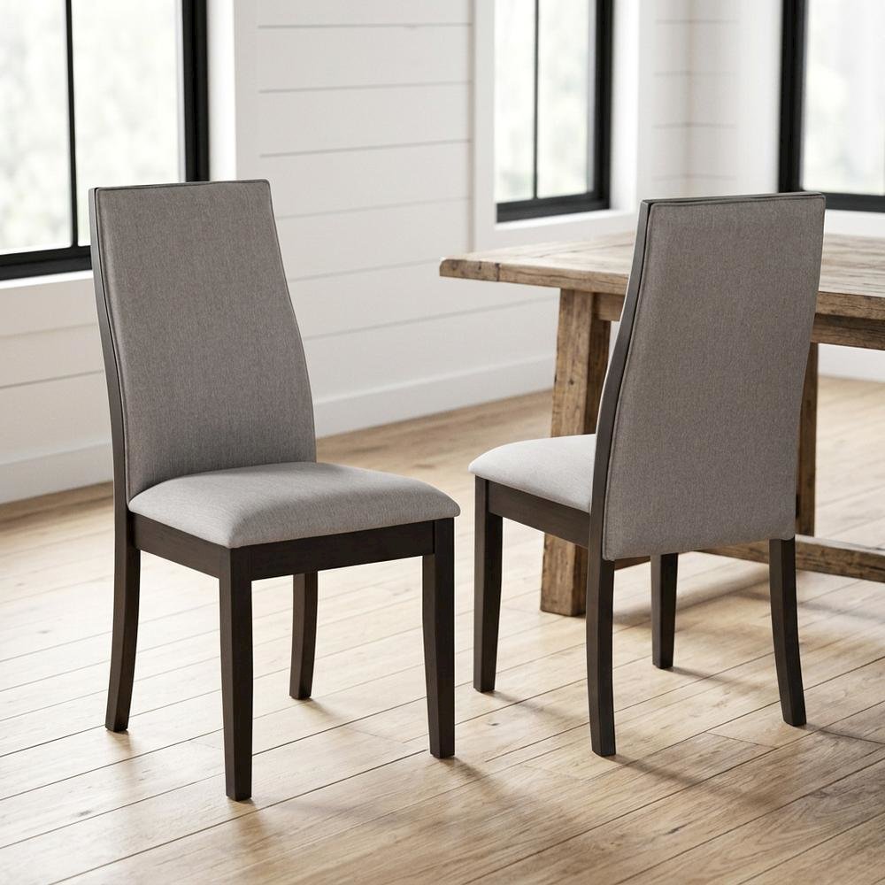 Polyester Upholstered Farmhouse Dining Chair, Espresso Legs, Taupe, Set of 2. Picture 2
