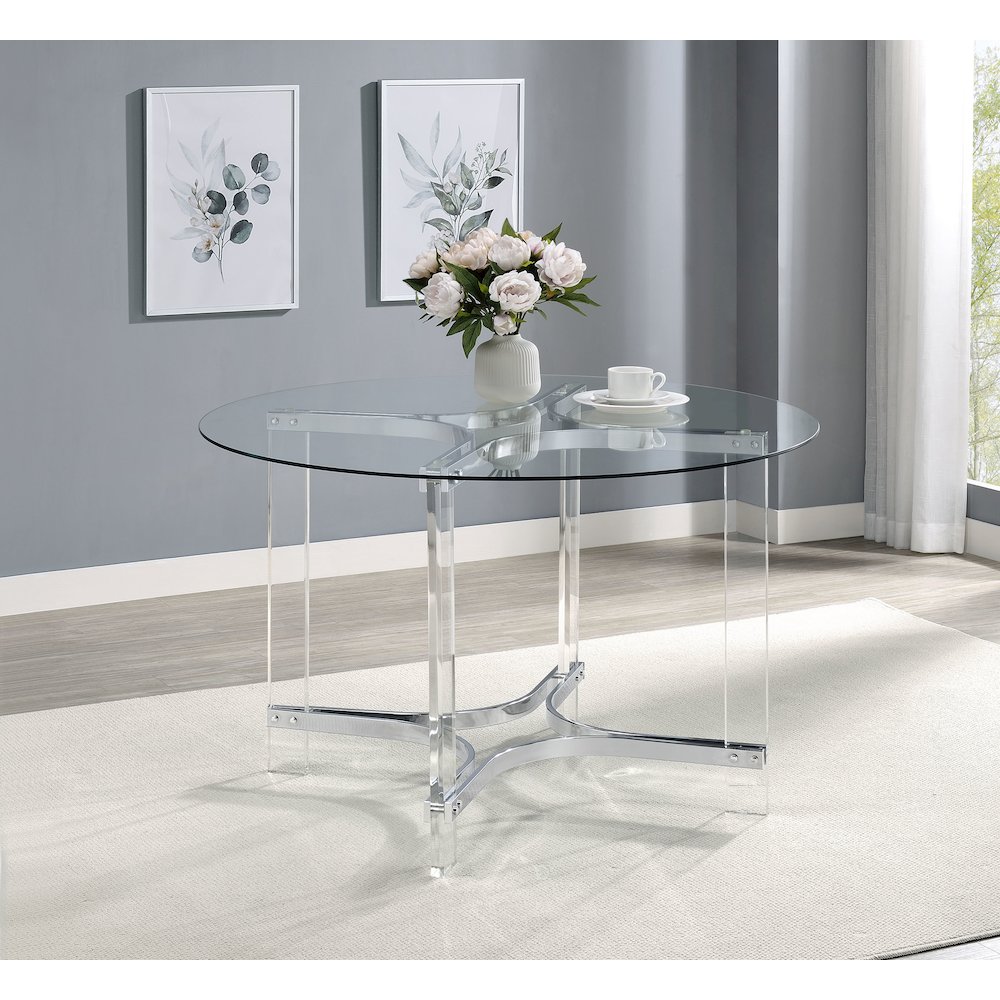Keeling 47-inch Round Glass Top Acrylic Dining Table Chrome. Picture 7