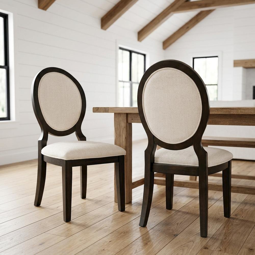 Oval Back Upholstered Wood Transitional Dining Side Chair, Set of 2. Picture 2