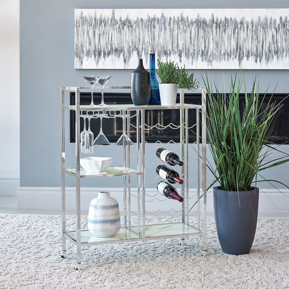 Derion 3-tier Rectangular Glass Shelf Metal Bar Cart Chrome. Picture 4