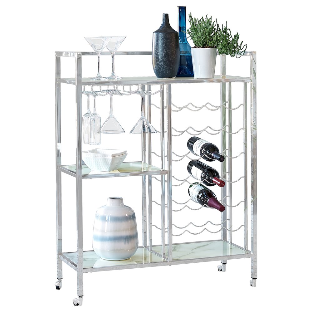 Derion 3-tier Rectangular Glass Shelf Metal Bar Cart Chrome. Picture 2