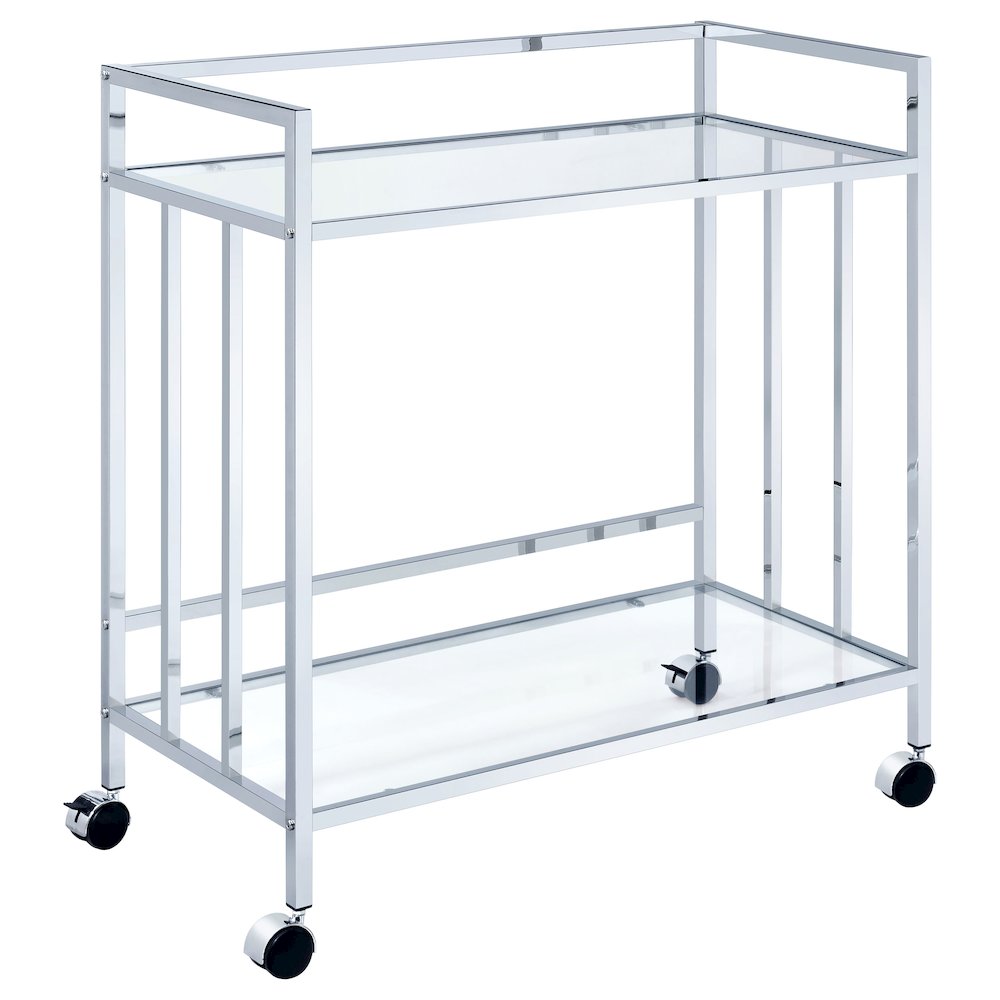 Cara 2-tier Rectangular Glass Shelf Metal Bar Cart Chrome. Picture 2