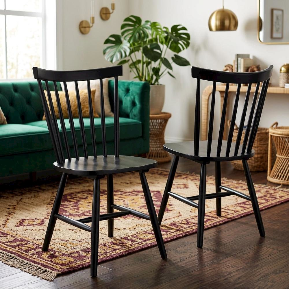 Windsor Wood Farmhouse Dining Side Chair, Black, Set of 2. Picture 2