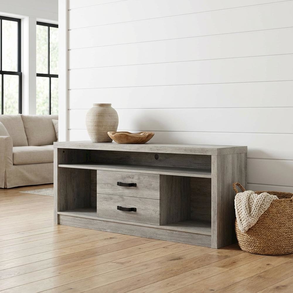 Engineered wood TV stand, two drawers in grey driftwood finish, transitional. Picture 2